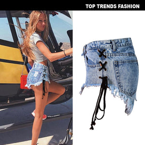 Frayed Double Side Lace Sexy Ladies Denim Mini Short Shorts Hot Pants