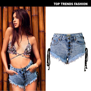 Frayed Double Side Lace Sexy Ladies Denim Mini Short Shorts Hot Pants