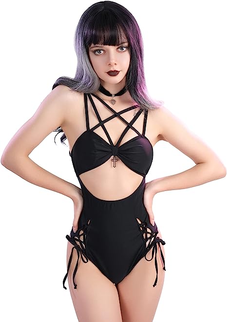 Gothic Swimsuit for Women Pentagram Shaped Lace-up One-piece Swimwear Bathing Suit