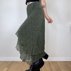 Vintage Y2K Skirt Floral Print 90s Aesthetic Mesh Double Layer Midi Skirt Grunge Fairycore Streetwear Womens Floral Print Low Waist
