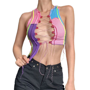 Sexy Open Front Crop Top Criss Cross Lace Up Womens Open Top Patchwork Cropped Top