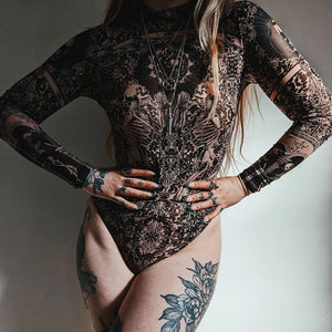 Gothic Bodysuit Jumpsuit Lace Mesh Long Sleeve Bodycon Skull Skeletons