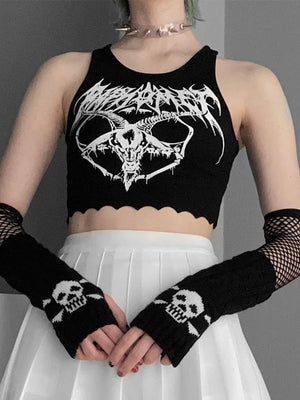Baphomet Crop Top Goth Gothic Shirt Goats Head Pentagram Shape Sleeveless Punk Cropped Tee