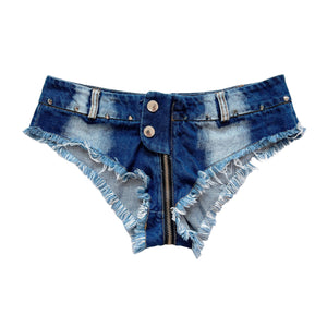 Open Crotch Denim Shorts For Women, Zipper & Buttons, Blue Denim Sexy Booty Pants, Frayed Edges