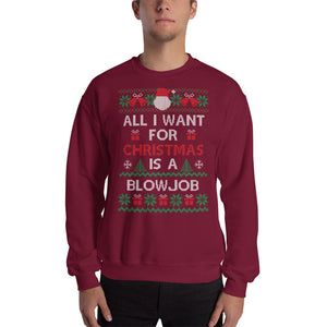 Ugly Christmas Sweater, Funny Unisex Sweatshirt, Fugly Xmas Sweater Party, Men Women, All I Want For Christmas Is A Blowjob, Rude, Offensive